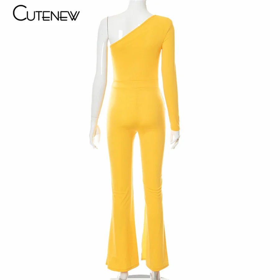 Cutenew Sexy Mesh Patchwork One Shoulder Playsuits Women Elegant Solid Skinny Flare Pants Jumpsuit Fashion Lady Party Streetwear