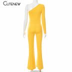 Cutenew Sexy Mesh Patchwork One Shoulder Playsuits Women Elegant Solid Skinny Flare Pants Jumpsuit Fashion Lady Party Streetwear