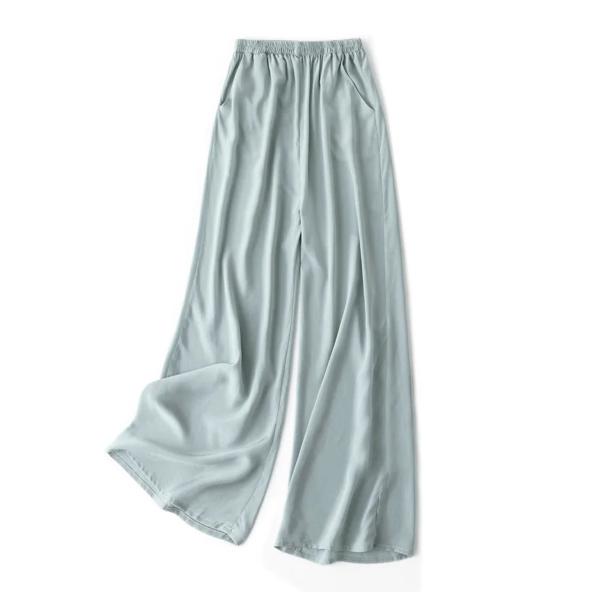 SuyaDream Women Wide Leg Pants 100%Real Silk Solid Elastic Waisted Ankle-length 2024 Office Spring Autumn Chic Trousers Black