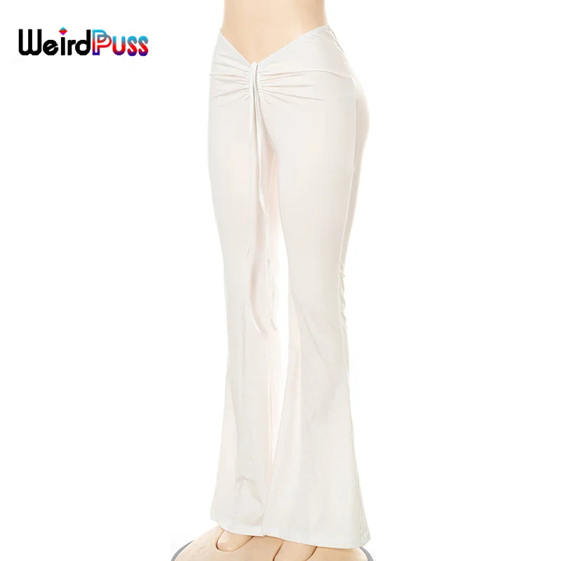 Weird Puss Y2K Low Waist Flare Pants Women Drawstring Ruched Long Trousers Elastic Casual Streetwear Fashion Bandage Bottoms