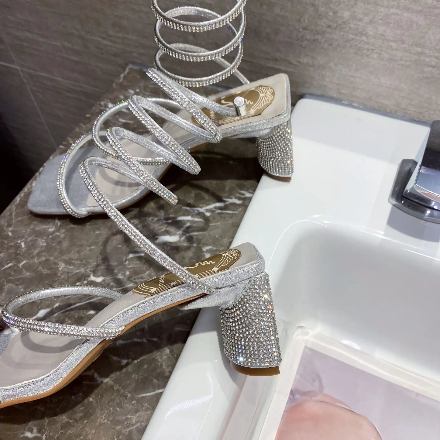 Xibeilove 2024 Summer Luxury Women Sandals Crystal Square Head Gold Rhinestone Snake Pattern High Heels Wedding Party Shoes