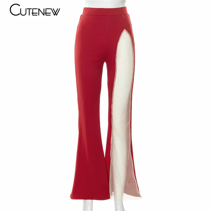 Cutenew Sexy Mesh Patchwork One Shoulder Playsuits Women Elegant Solid Skinny Flare Pants Jumpsuit Fashion Lady Party Streetwear