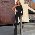Cutenew Sexy Mesh Patchwork One Shoulder Playsuits Women Elegant Solid Skinny Flare Pants Jumpsuit Fashion Lady Party Streetwear