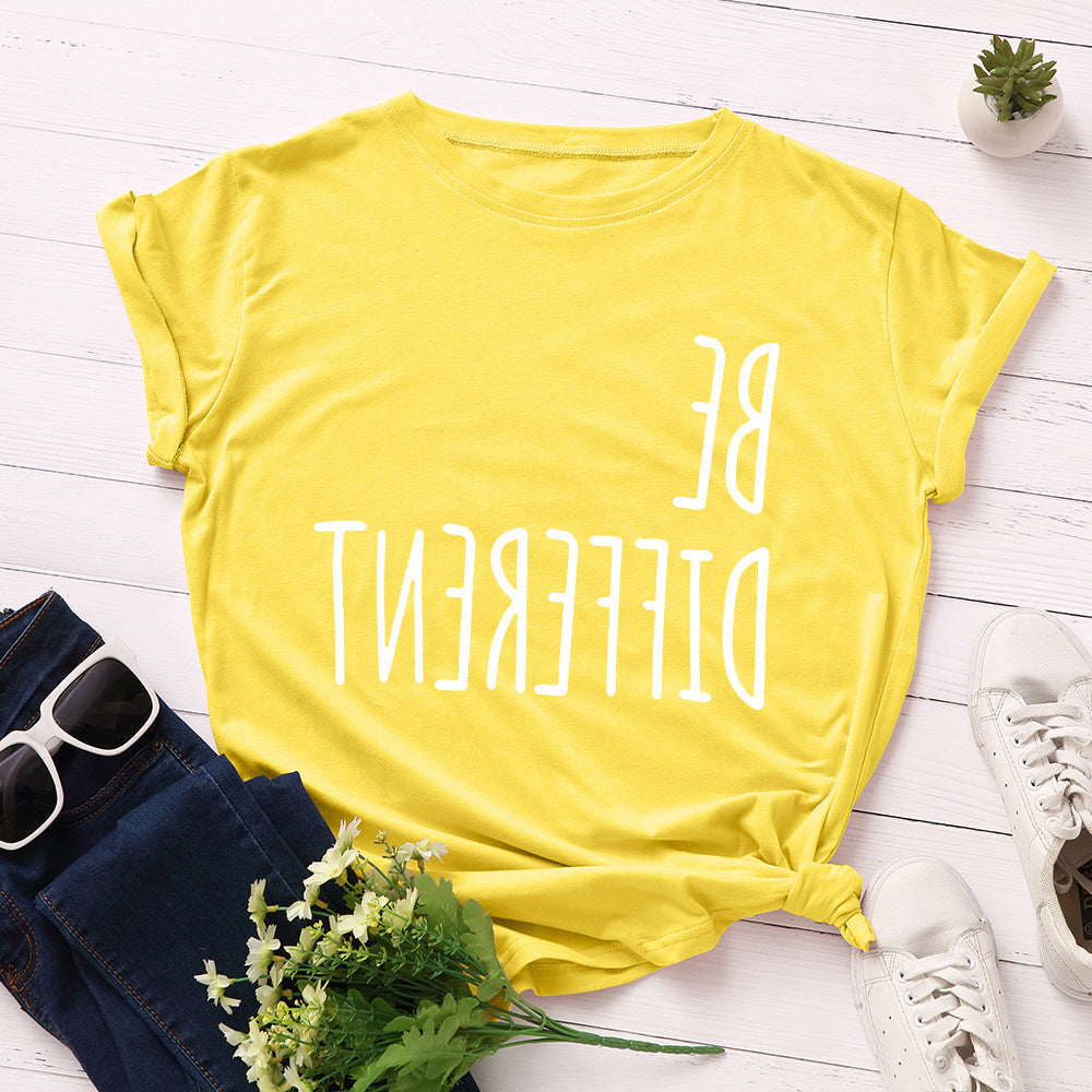 Be Different Upside Down Letter Print T Shirt Women Short Sleeve O Neck Loose Tshirt Women Causal Tee Shirt Tops Camisetas Mujer