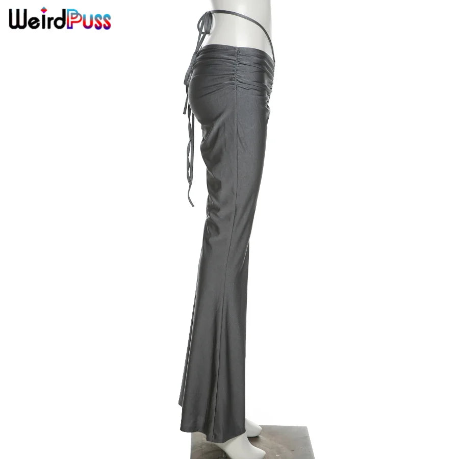 Weird Puss Y2K Low Waist Flare Pants Women Drawstring Ruched Long Trousers Elastic Casual Streetwear Fashion Bandage Bottoms