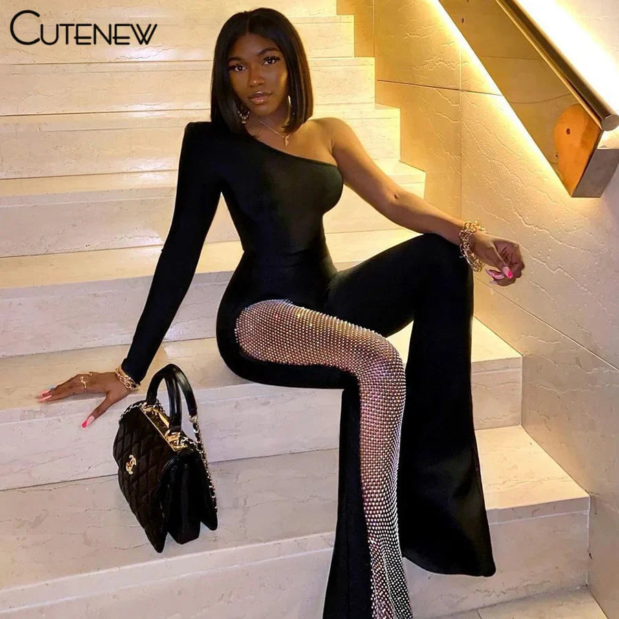 Cutenew Sexy Mesh Patchwork One Shoulder Playsuits Women Elegant Solid Skinny Flare Pants Jumpsuit Fashion Lady Party Streetwear
