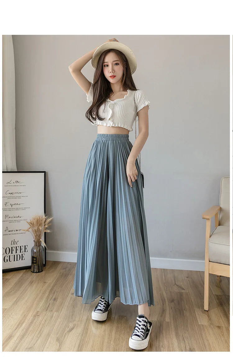 Women Elegant Chiffon High Waist Wide Leg Pants Casual Korean Fashion Pleated Loose Trousers Clothes Comodi Pantalones De Mujer