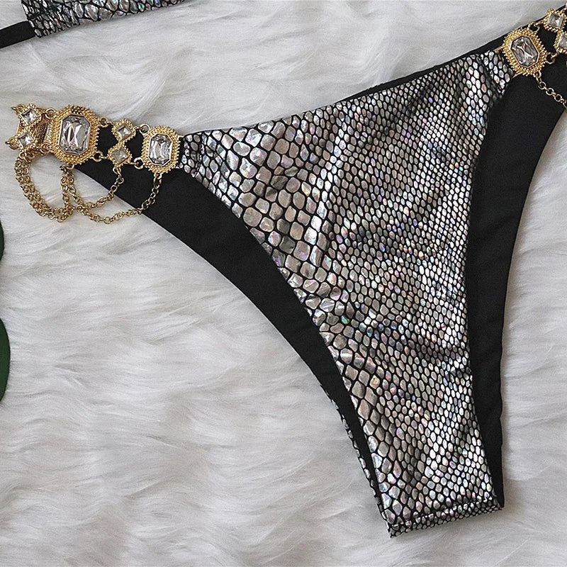 Halter Metal Chains Rhinestone Diamond Bikini Women Swimsuit Female Swimwear Two Pieces Bikini set Brazilian Bathing Suit Swim