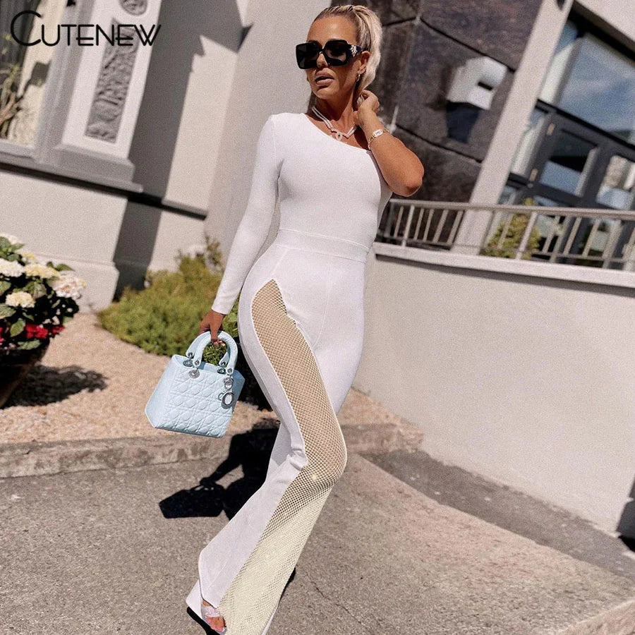 Cutenew Sexy Mesh Patchwork One Shoulder Playsuits Women Elegant Solid Skinny Flare Pants Jumpsuit Fashion Lady Party Streetwear