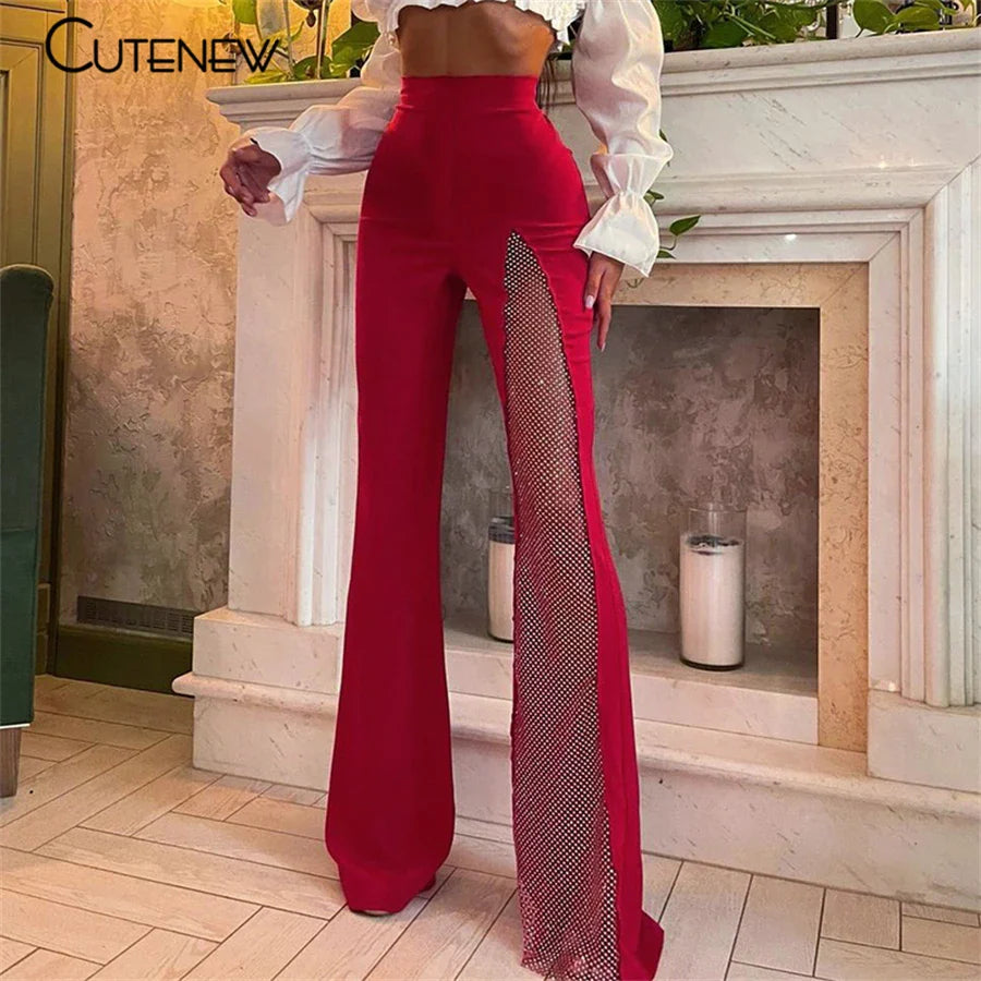 Cutenew Sexy Mesh Patchwork One Shoulder Playsuits Women Elegant Solid Skinny Flare Pants Jumpsuit Fashion Lady Party Streetwear