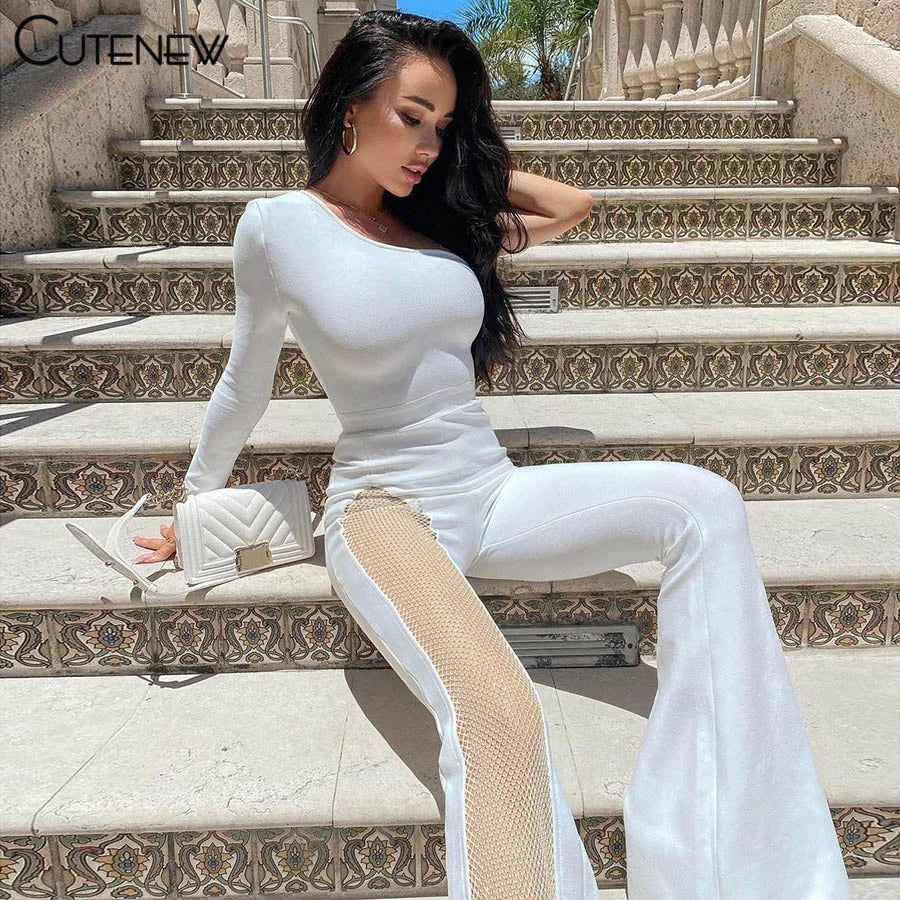 Cutenew Sexy Mesh Patchwork One Shoulder Playsuits Women Elegant Solid Skinny Flare Pants Jumpsuit Fashion Lady Party Streetwear
