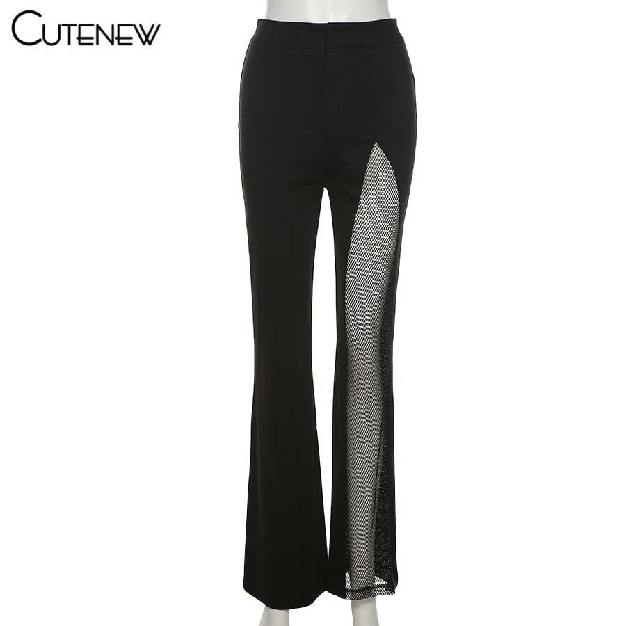 Cutenew Sexy Mesh Patchwork One Shoulder Playsuits Women Elegant Solid Skinny Flare Pants Jumpsuit Fashion Lady Party Streetwear