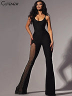 Cutenew Sexy Mesh Patchwork One Shoulder Playsuits Women Elegant Solid Skinny Flare Pants Jumpsuit Fashion Lady Party Streetwear