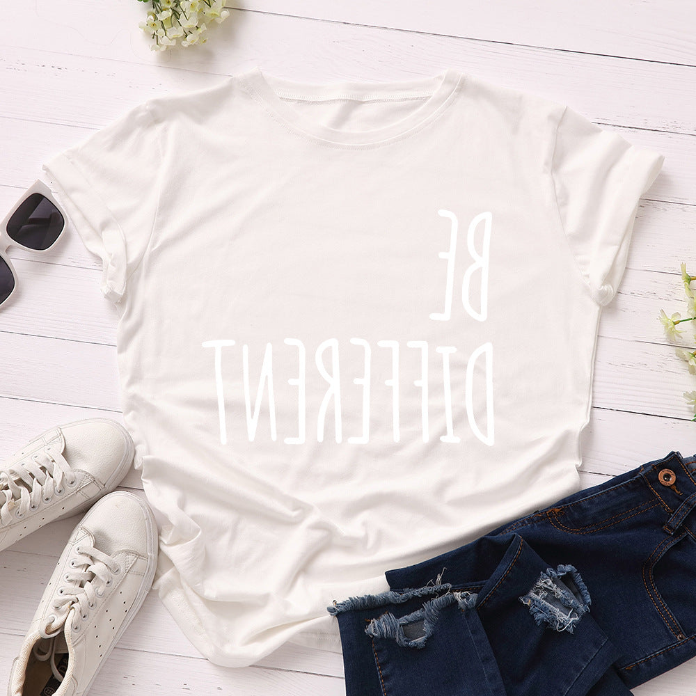 Be Different Upside Down Letter Print T Shirt Women Short Sleeve O Neck Loose Tshirt Women Causal Tee Shirt Tops Camisetas Mujer