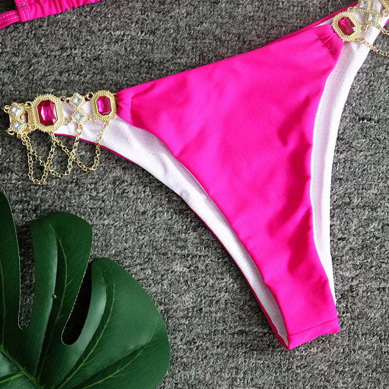 Halter Metal Chains Rhinestone Diamond Bikini Women Swimsuit Female Swimwear Two Pieces Bikini set Brazilian Bathing Suit Swim