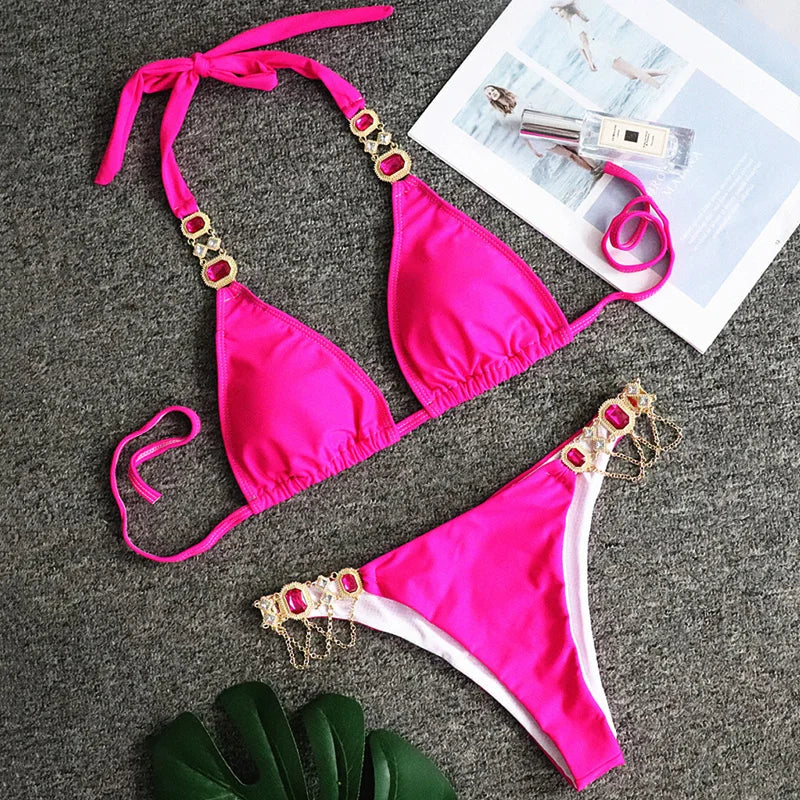 Halter Metal Chains Rhinestone Diamond Bikini Women Swimsuit Female Swimwear Two Pieces Bikini set Brazilian Bathing Suit Swim