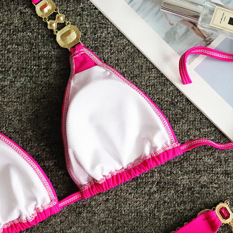 Halter Metal Chains Rhinestone Diamond Bikini Women Swimsuit Female Swimwear Two Pieces Bikini set Brazilian Bathing Suit Swim