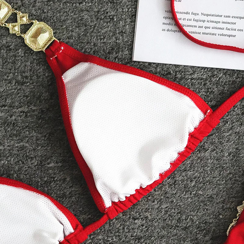 Halter Metal Chains Rhinestone Diamond Bikini Women Swimsuit Female Swimwear Two Pieces Bikini set Brazilian Bathing Suit Swim