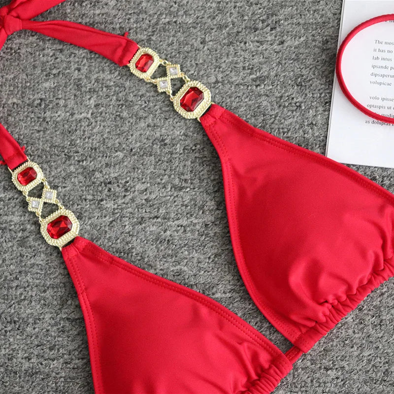 Halter Metal Chains Rhinestone Diamond Bikini Women Swimsuit Female Swimwear Two Pieces Bikini set Brazilian Bathing Suit Swim