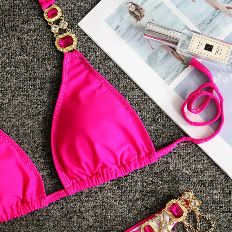 Halter Metal Chains Rhinestone Diamond Bikini Women Swimsuit Female Swimwear Two Pieces Bikini set Brazilian Bathing Suit Swim