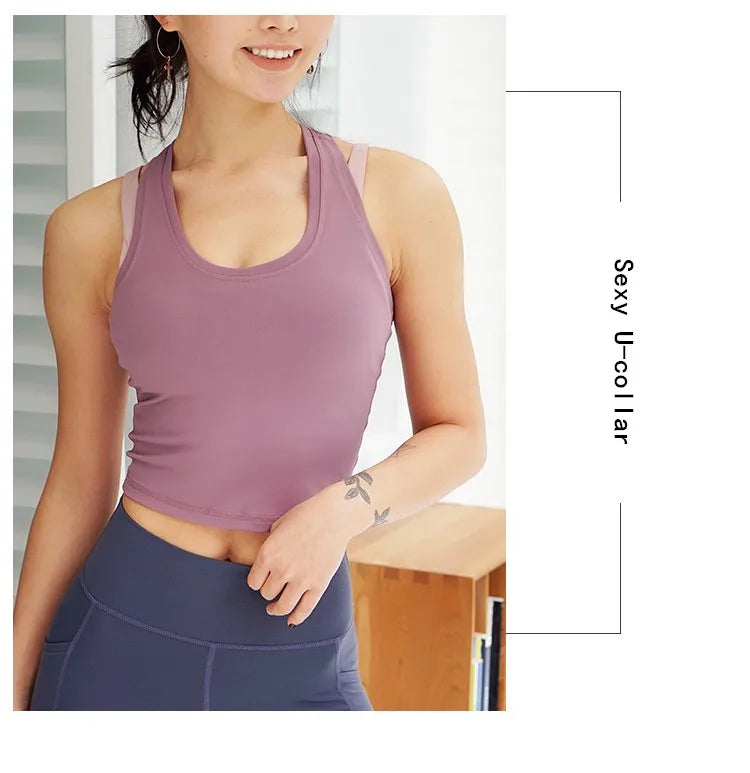 CretKoav Sports Vest Women's Running Fitness T Shirts Sexy Crop Top Workout Quick-Dry Yoga Tank Tops Elastic Tight Gym Clothes