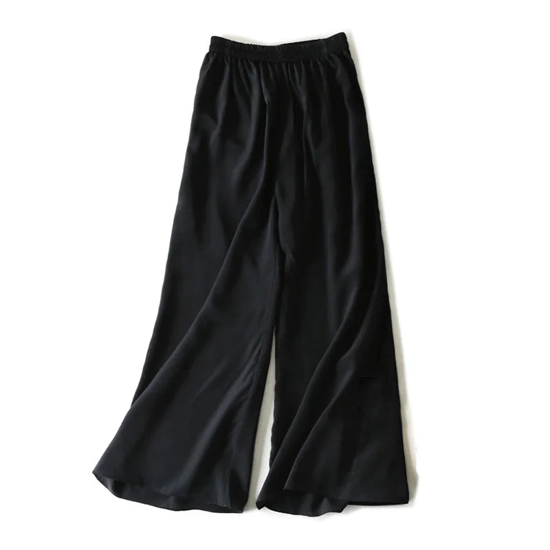 SuyaDream Women Wide Leg Pants 100%Real Silk Solid Elastic Waisted Ankle-length 2024 Office Spring Autumn Chic Trousers Black