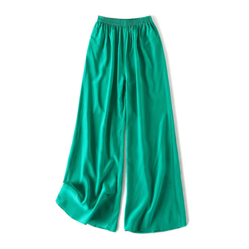 SuyaDream Women Wide Leg Pants 100%Real Silk Solid Elastic Waisted Ankle-length 2024 Office Spring Autumn Chic Trousers Black