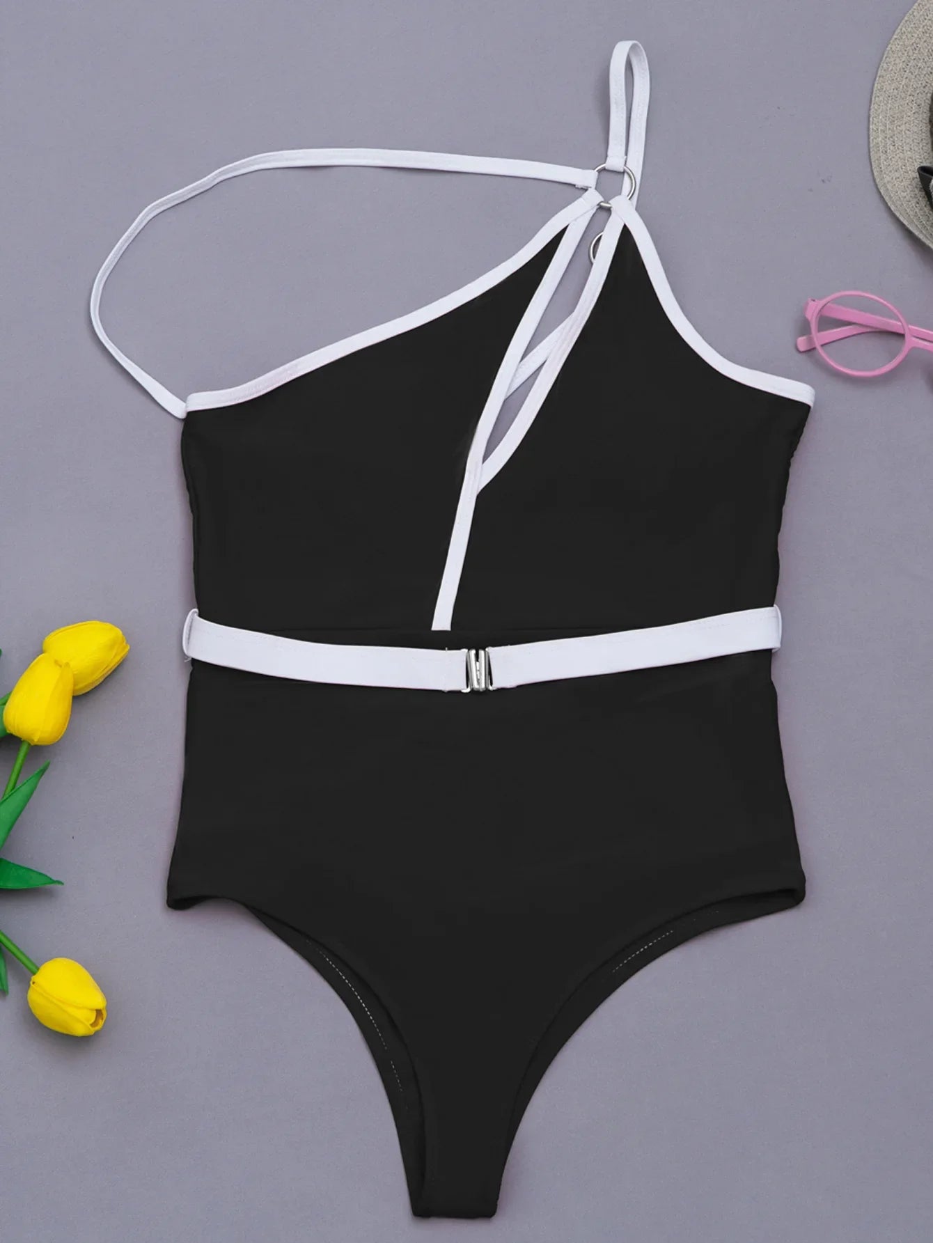VigoCasey Hollow Out One Shoulder Swimwear Women 2025 Sexy One Piece Swimsuit Female High Waist Monokini Solid Belt Bathing Suit