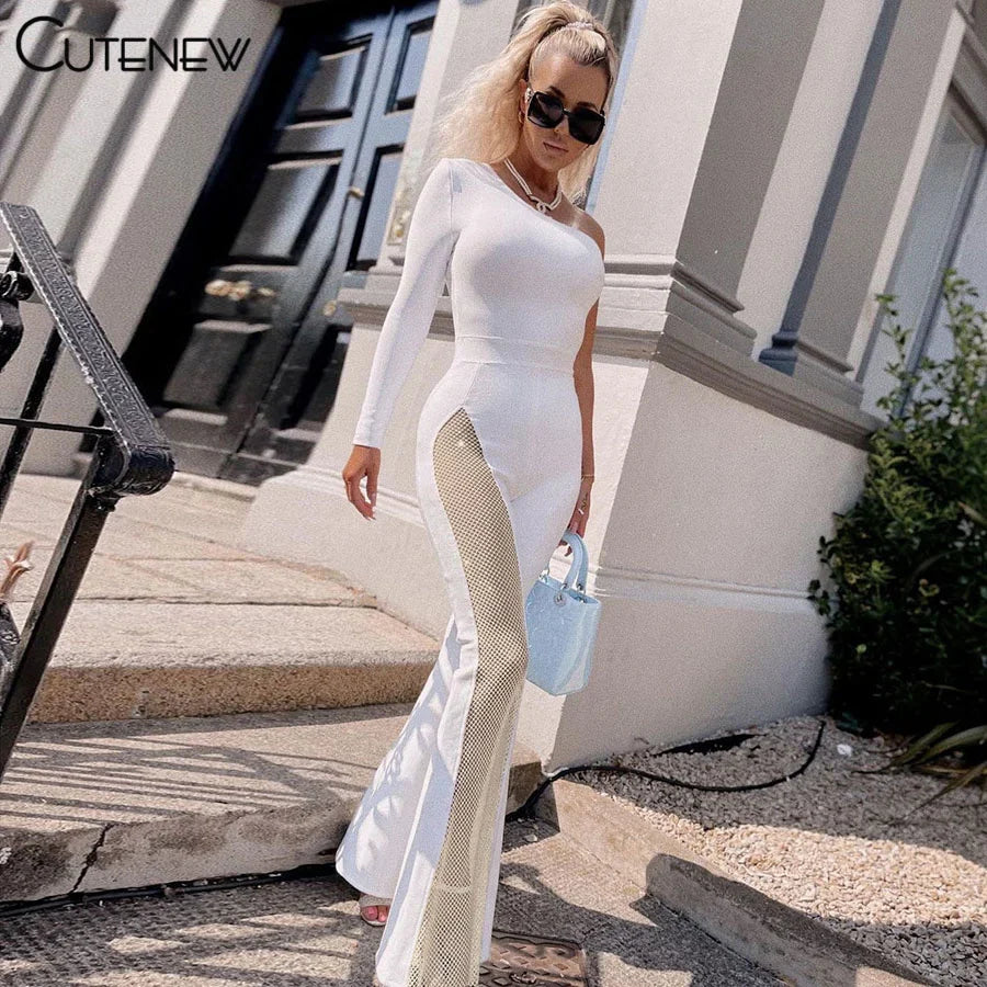 Cutenew Sexy Mesh Patchwork One Shoulder Playsuits Women Elegant Solid Skinny Flare Pants Jumpsuit Fashion Lady Party Streetwear
