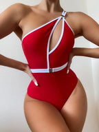 VigoCasey Hollow Out One Shoulder Swimwear Women 2025 Sexy One Piece Swimsuit Female High Waist Monokini Solid Belt Bathing Suit