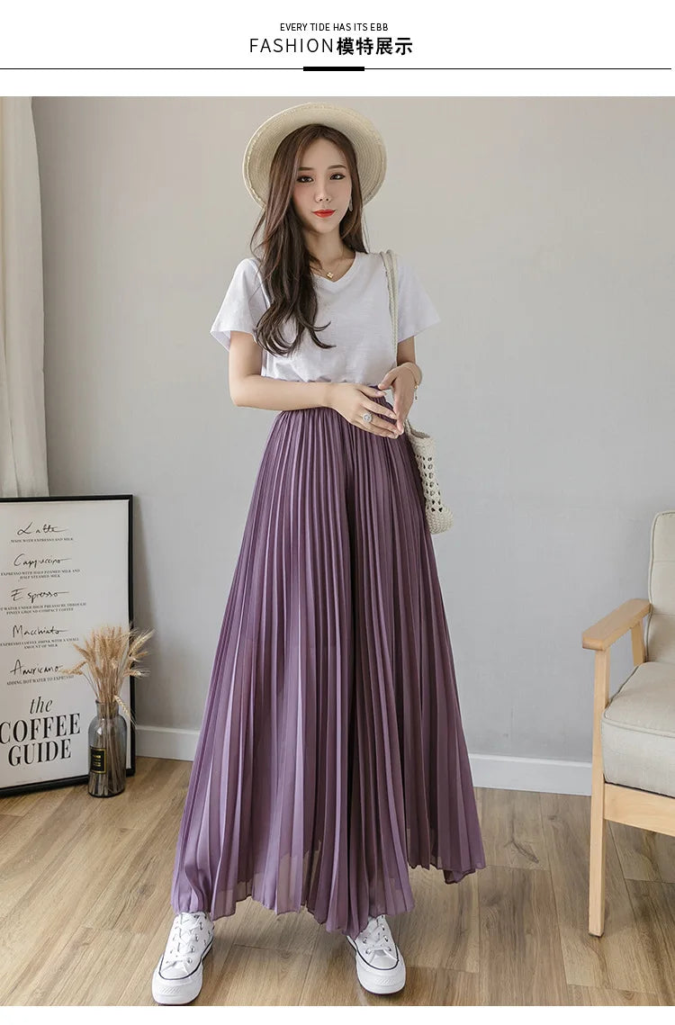 Women Elegant Chiffon High Waist Wide Leg Pants Casual Korean Fashion Pleated Loose Trousers Clothes Comodi Pantalones De Mujer
