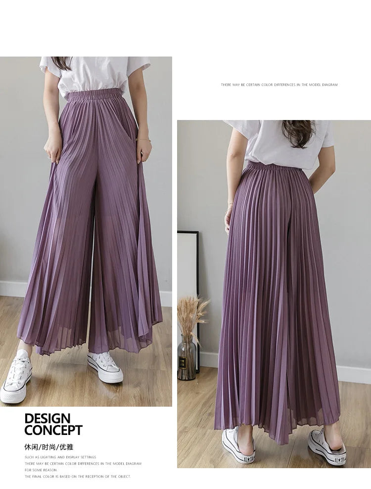 Women Elegant Chiffon High Waist Wide Leg Pants Casual Korean Fashion Pleated Loose Trousers Clothes Comodi Pantalones De Mujer