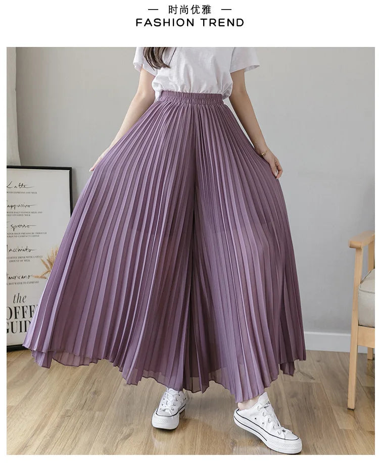 Women Elegant Chiffon High Waist Wide Leg Pants Casual Korean Fashion Pleated Loose Trousers Clothes Comodi Pantalones De Mujer