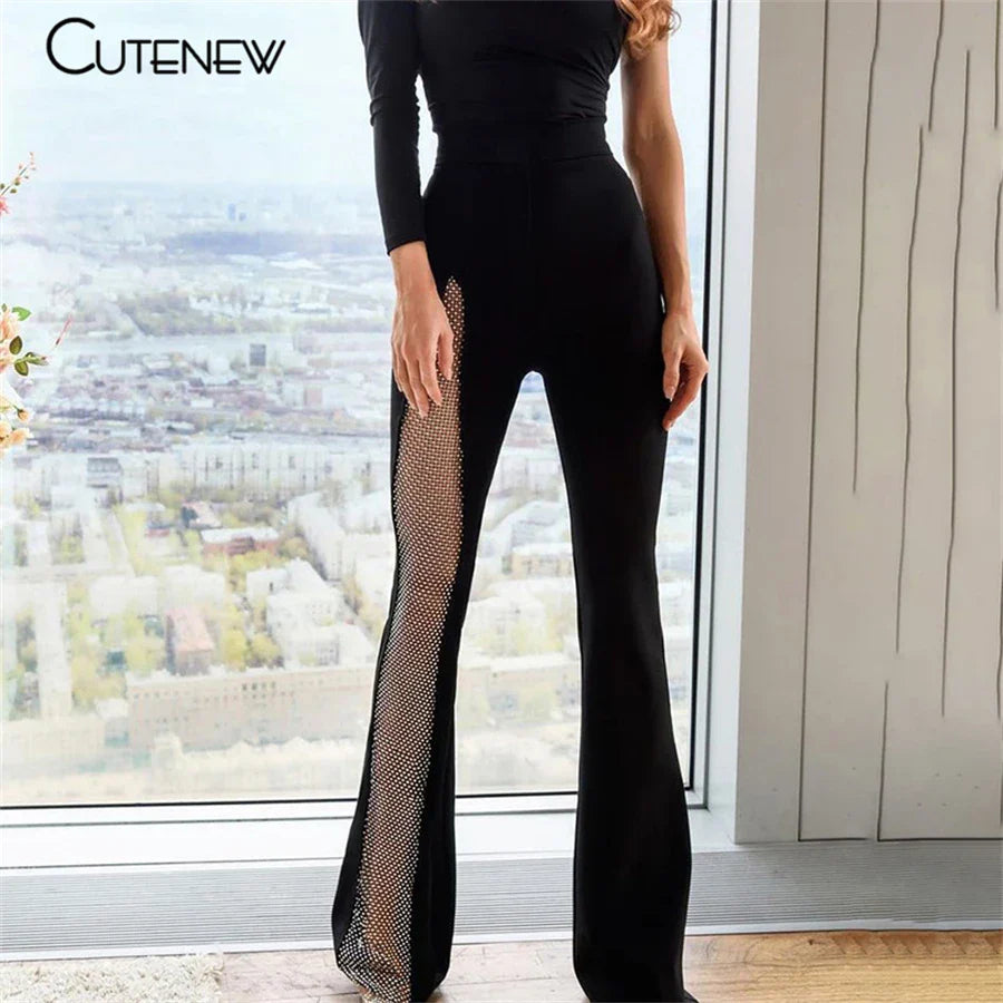 Cutenew Sexy Mesh Patchwork One Shoulder Playsuits Women Elegant Solid Skinny Flare Pants Jumpsuit Fashion Lady Party Streetwear