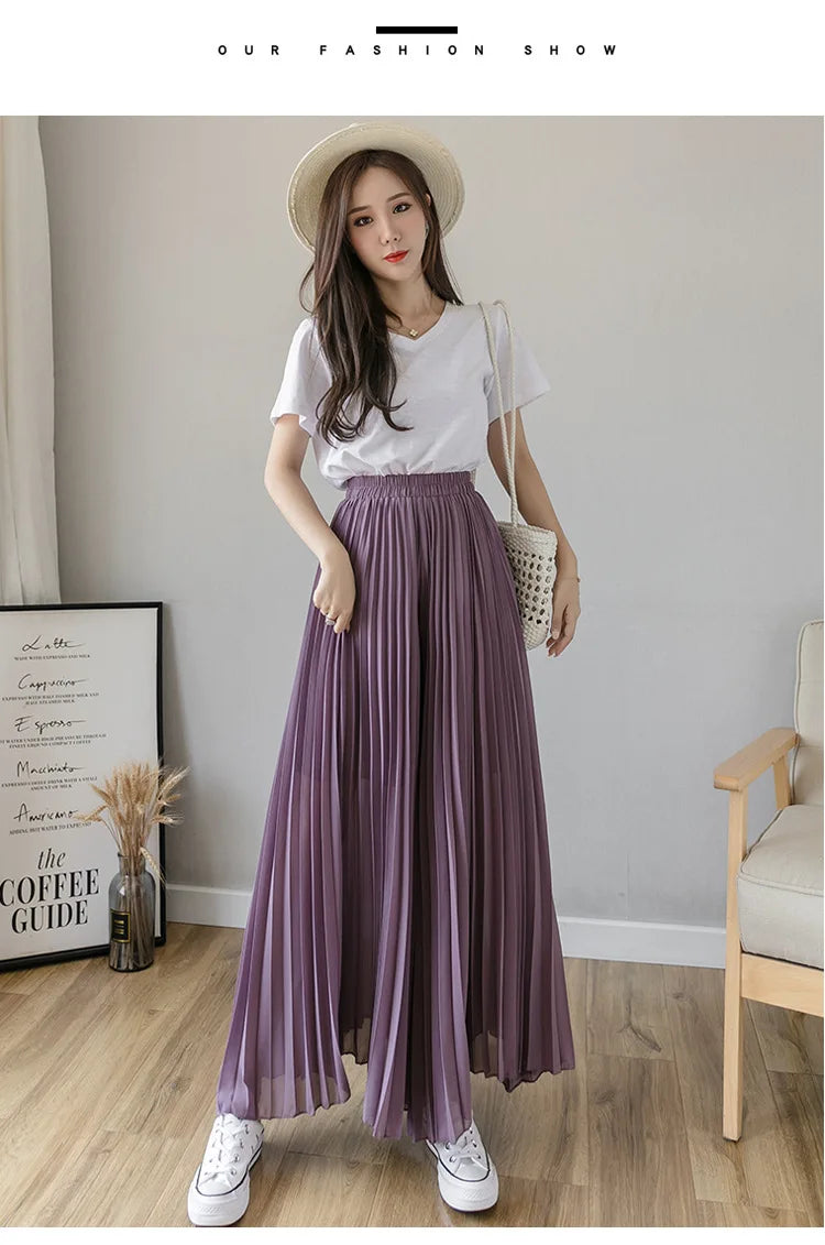 Women Elegant Chiffon High Waist Wide Leg Pants Casual Korean Fashion Pleated Loose Trousers Clothes Comodi Pantalones De Mujer