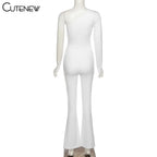 Cutenew Sexy Mesh Patchwork One Shoulder Playsuits Women Elegant Solid Skinny Flare Pants Jumpsuit Fashion Lady Party Streetwear