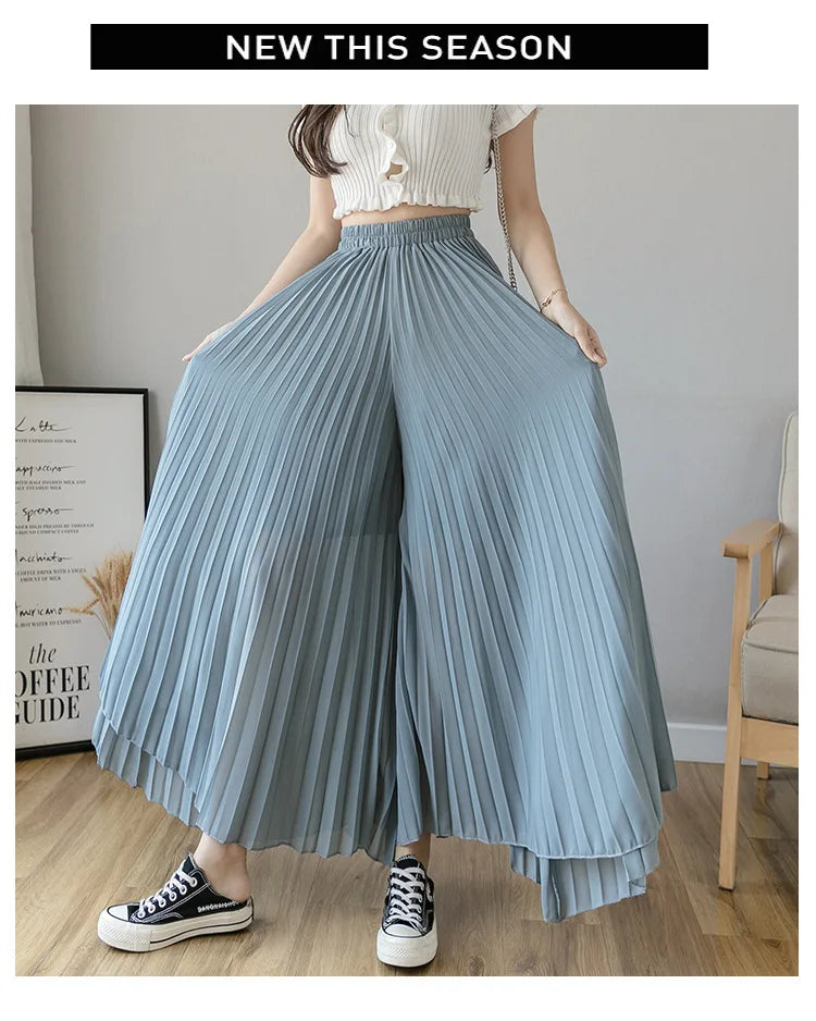 Women Elegant Chiffon High Waist Wide Leg Pants Casual Korean Fashion Pleated Loose Trousers Clothes Comodi Pantalones De Mujer
