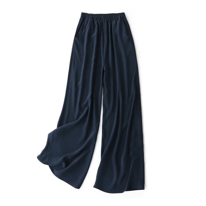 SuyaDream Women Wide Leg Pants 100%Real Silk Solid Elastic Waisted Ankle-length 2024 Office Spring Autumn Chic Trousers Black