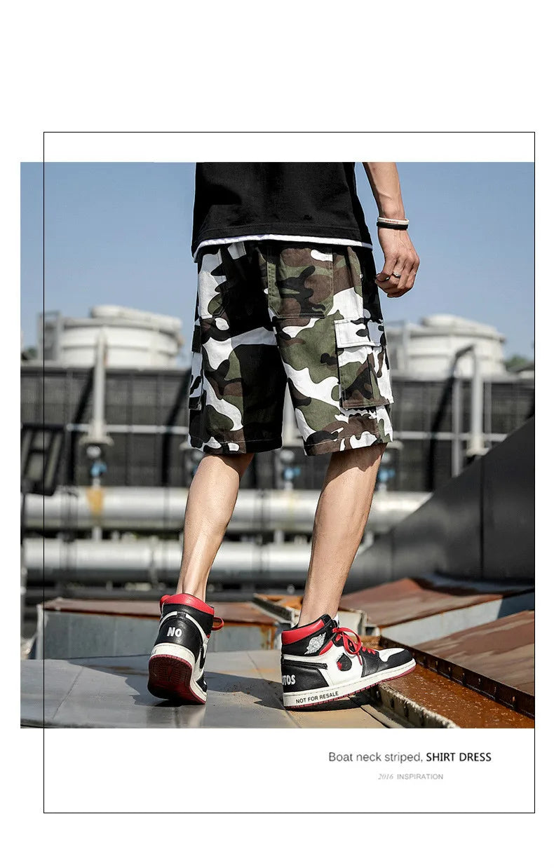 Summer Men's Outdoor Camouflage Cargo Shorts Pocket Cotton Casual Half Pants Mid Waist Drawstring Loose Shorts Bib Overalls 7XL