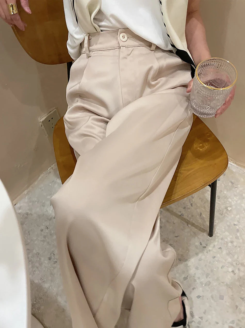 Garemay Summer Autumn Women's Pants Loose Solid Classic Black Straight High Waist Casual Silk Satin Wide Leg Trousers for Women