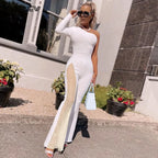 Cutenew Sexy Mesh Patchwork One Shoulder Playsuits Women Elegant Solid Skinny Flare Pants Jumpsuit Fashion Lady Party Streetwear