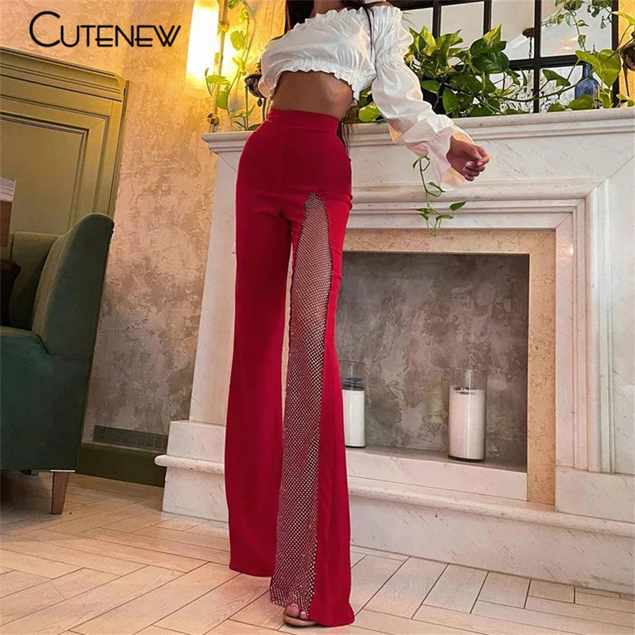 Cutenew Sexy Mesh Patchwork One Shoulder Playsuits Women Elegant Solid Skinny Flare Pants Jumpsuit Fashion Lady Party Streetwear