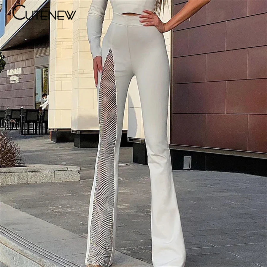 Cutenew Sexy Mesh Patchwork One Shoulder Playsuits Women Elegant Solid Skinny Flare Pants Jumpsuit Fashion Lady Party Streetwear