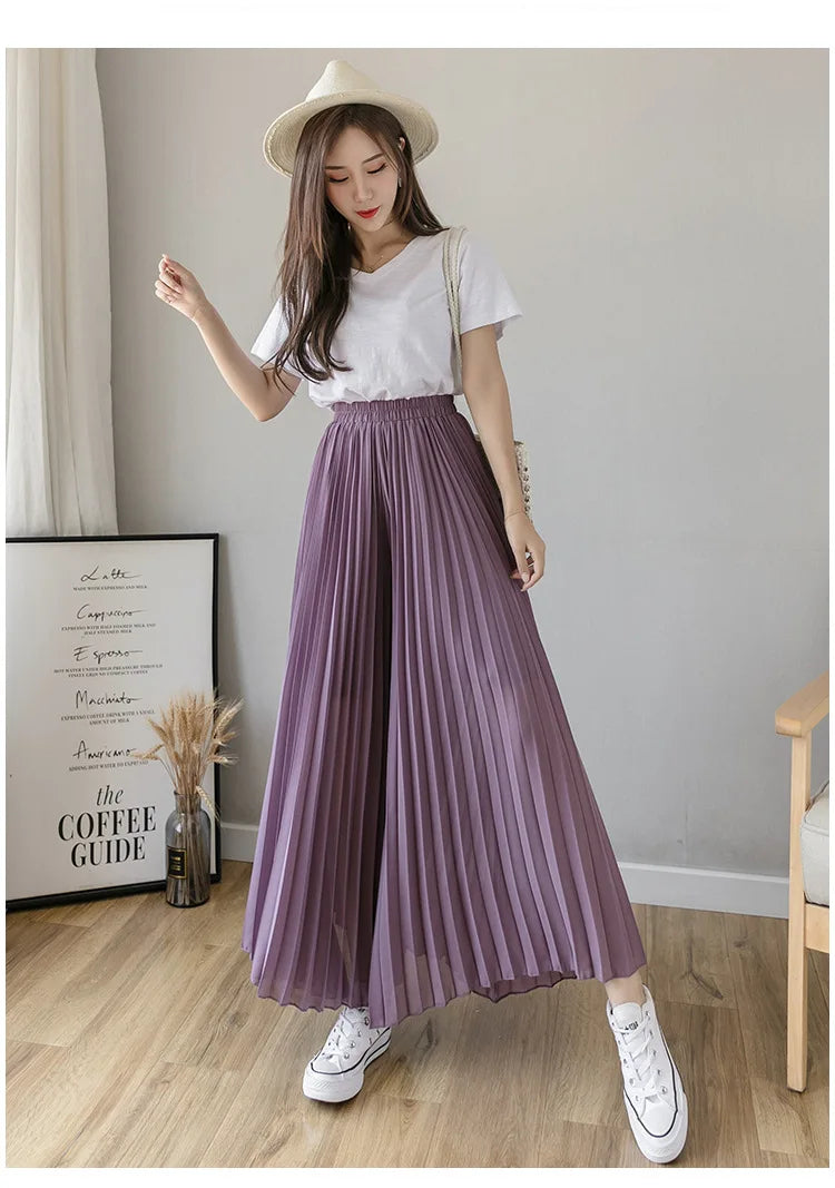 Women Elegant Chiffon High Waist Wide Leg Pants Casual Korean Fashion Pleated Loose Trousers Clothes Comodi Pantalones De Mujer