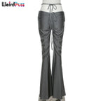Weird Puss Y2K Low Waist Flare Pants Women Drawstring Ruched Long Trousers Elastic Casual Streetwear Fashion Bandage Bottoms