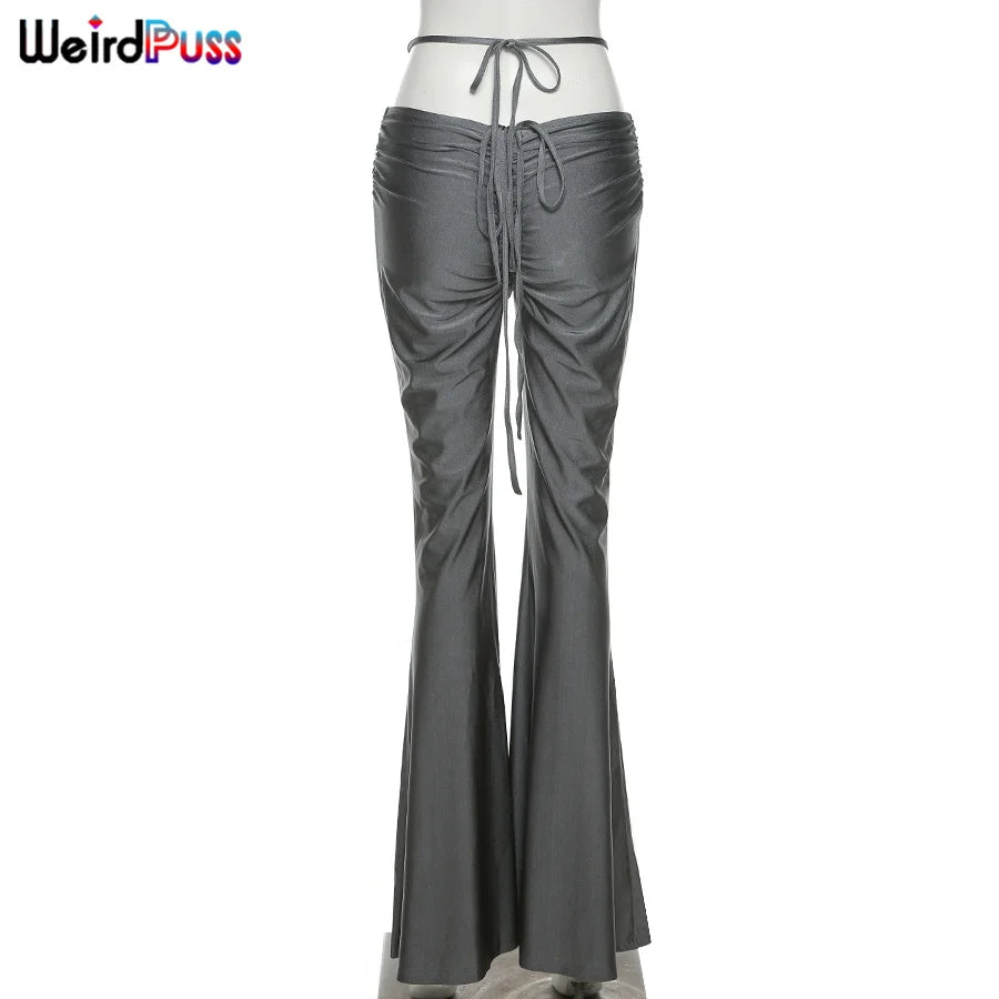 Weird Puss Y2K Low Waist Flare Pants Women Drawstring Ruched Long Trousers Elastic Casual Streetwear Fashion Bandage Bottoms