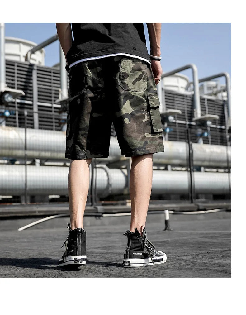 Summer Men's Outdoor Camouflage Cargo Shorts Pocket Cotton Casual Half Pants Mid Waist Drawstring Loose Shorts Bib Overalls 7XL