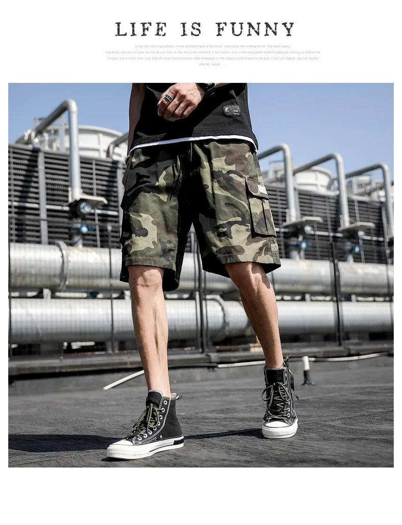 Summer Men's Outdoor Camouflage Cargo Shorts Pocket Cotton Casual Half Pants Mid Waist Drawstring Loose Shorts Bib Overalls 7XL