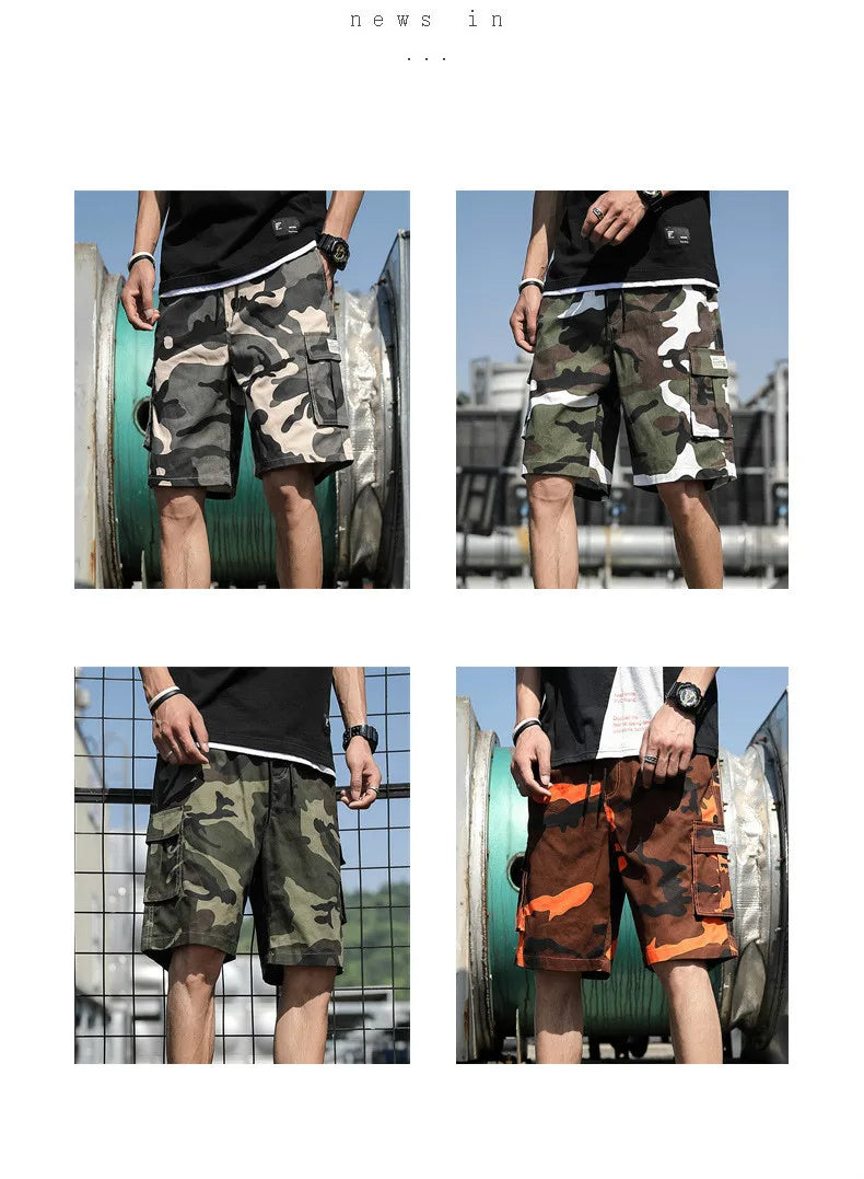 Summer Men's Outdoor Camouflage Cargo Shorts Pocket Cotton Casual Half Pants Mid Waist Drawstring Loose Shorts Bib Overalls 7XL