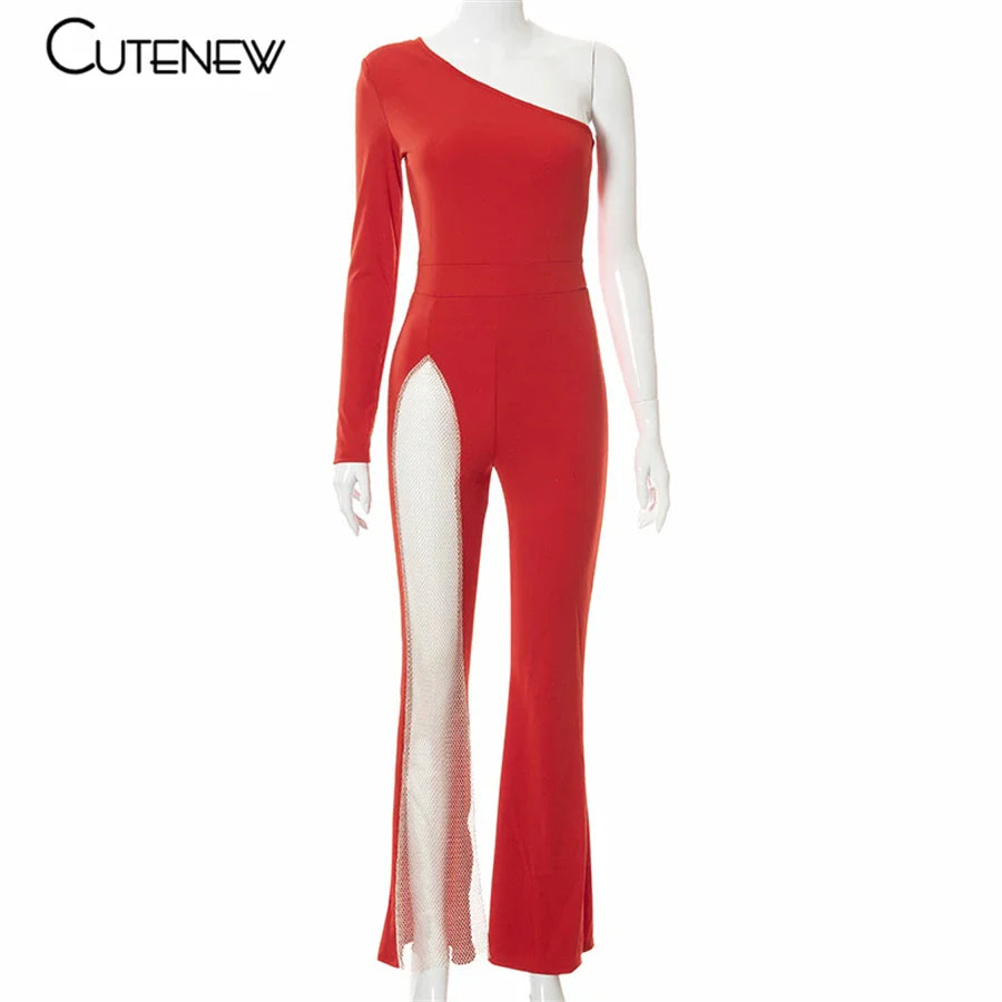 Cutenew Sexy Mesh Patchwork One Shoulder Playsuits Women Elegant Solid Skinny Flare Pants Jumpsuit Fashion Lady Party Streetwear